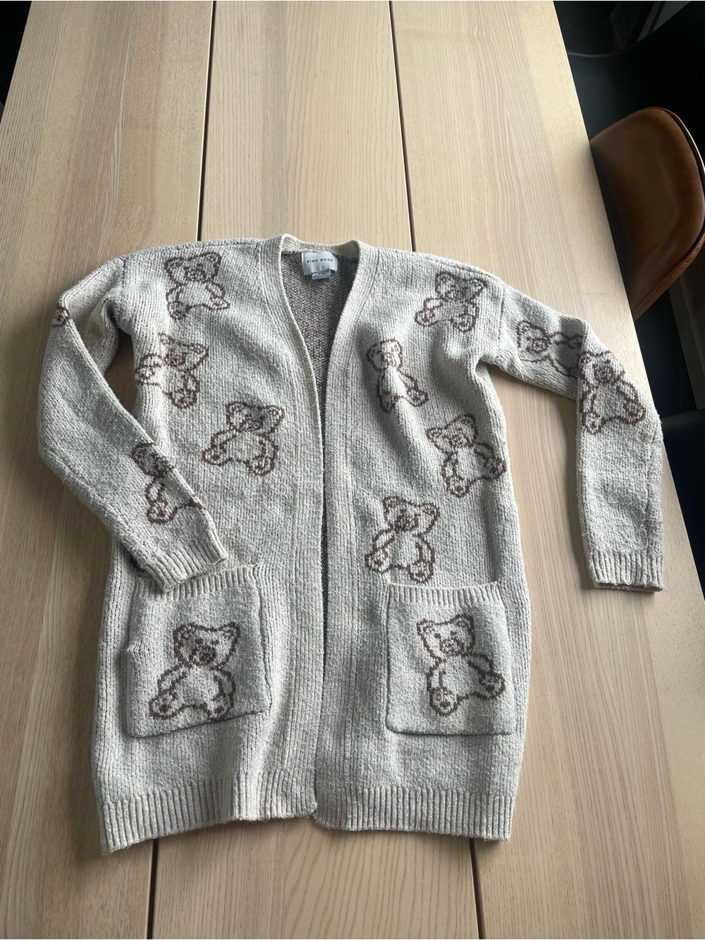 Pink Rose Cream Teddy Pattern Open-Front Women's Cardigan Sweater size small